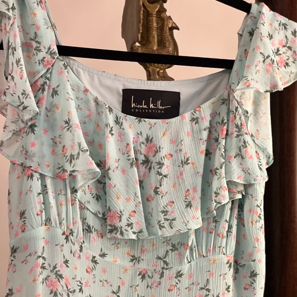 Nicole Miller floaty pale green chiffon dress with ruffle collar, asymmetric hem - Picture 4 of 13